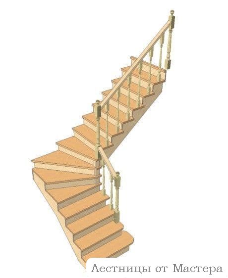 Лестница с поворотом на 90° с забежными ступенями и подступенками